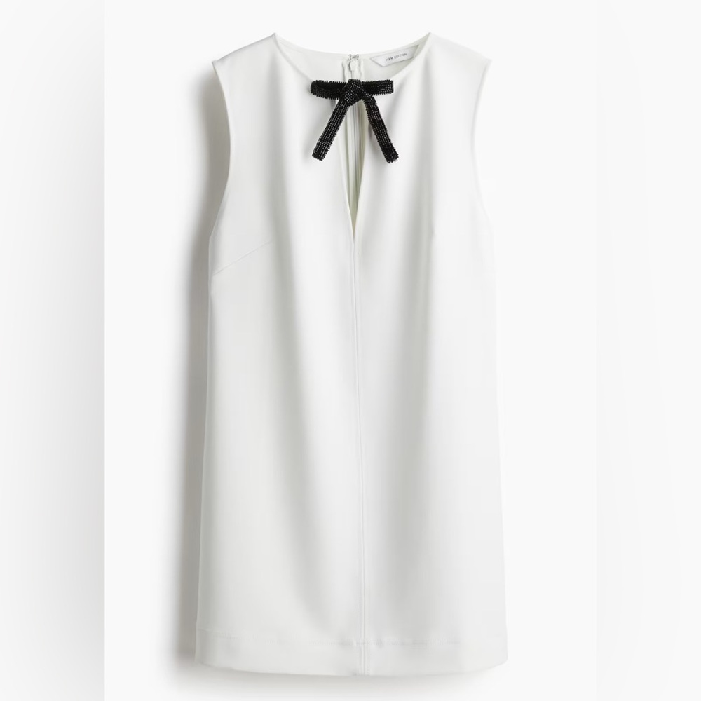NWT H&M BOW-DETAIL DRESS WHITE W/ BEADED BLACK BOW SIZE LARGE
